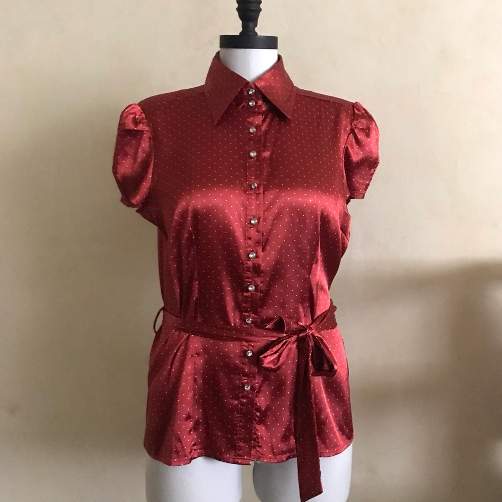 Red Satin Button-Up Blouse - Picture 4 of 9